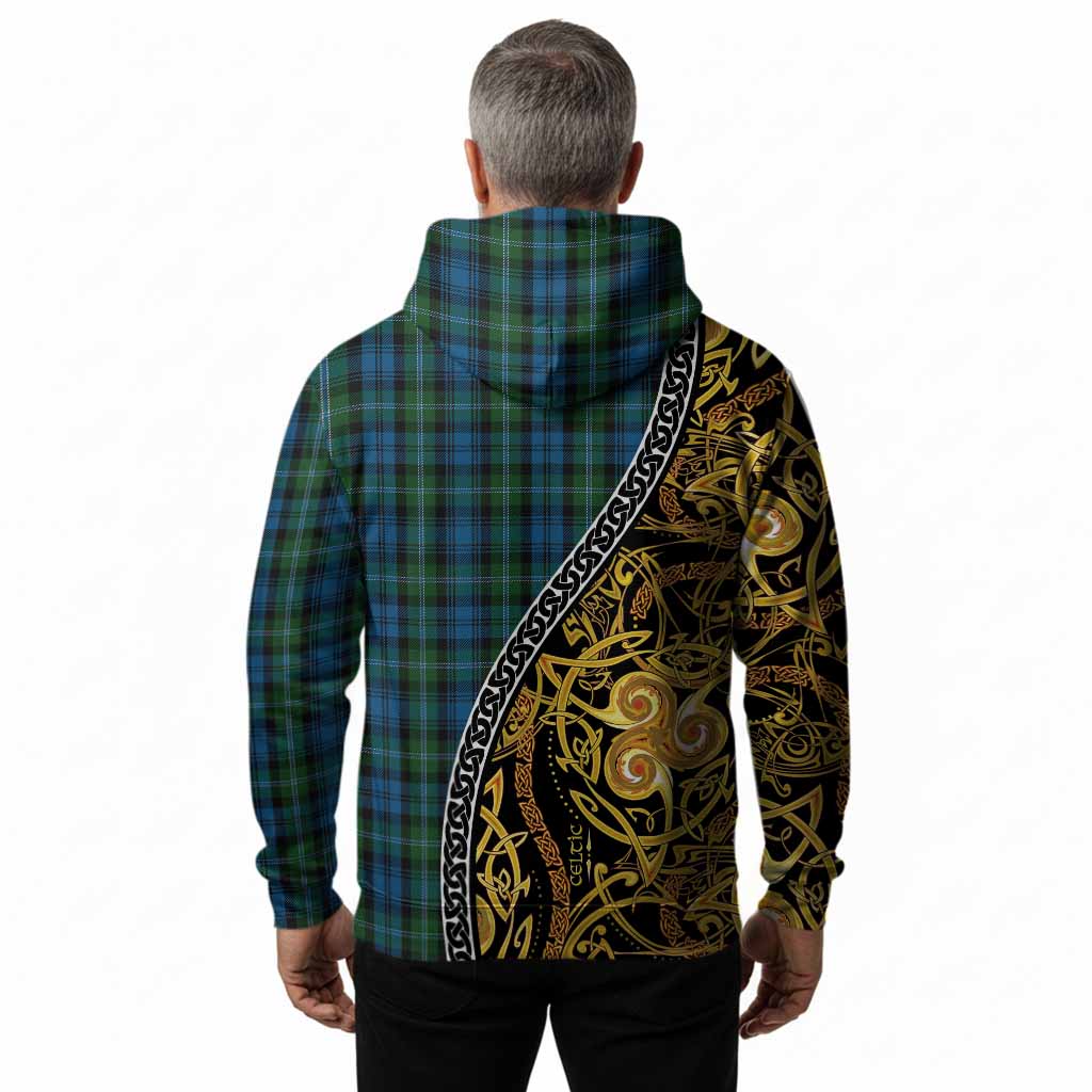 Lyon Tartan Crest Hoodie Celtic Knot and Triple Trickle Spiral Symbols