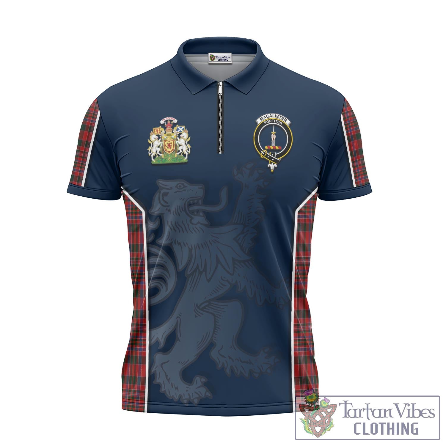 Tartan Vibes Clothing MacAlister Tartan Zipper Polo Shirt with Family Crest and Lion Rampant Vibes Sport Style