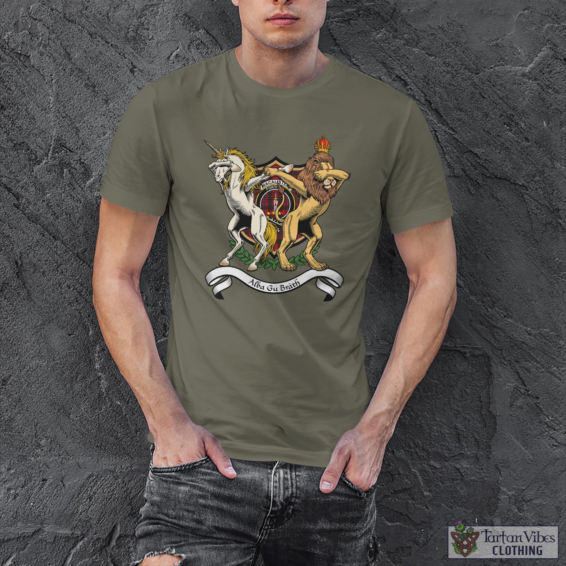 Tartan Vibes Clothing MacAlister Family Crest Cotton Men's T-Shirt with Scotland Royal Coat Of Arm Funny Style