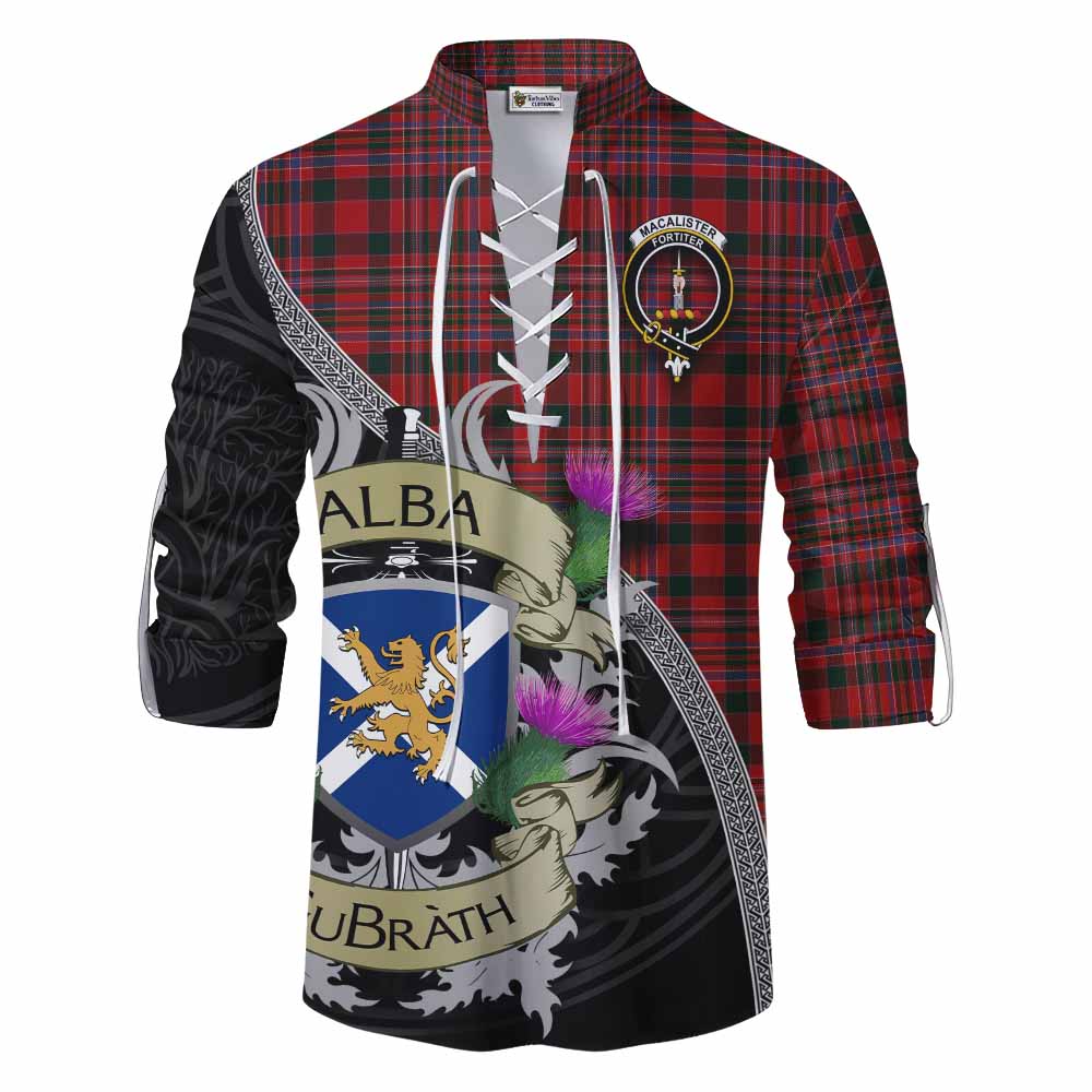 Tartan Vibes Clothing MacAlister (McAlister) Tartan Family Crest Ghillie Kilt Shirt Lion Rampant Royal Thistle Shield Celtic Inspired