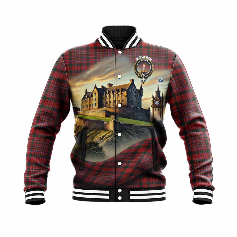 Tartan Vibes Clothing MacAlister (McAlister) Tartan Family Crest Baseball Jacket with Scottish Ancient Castle Style