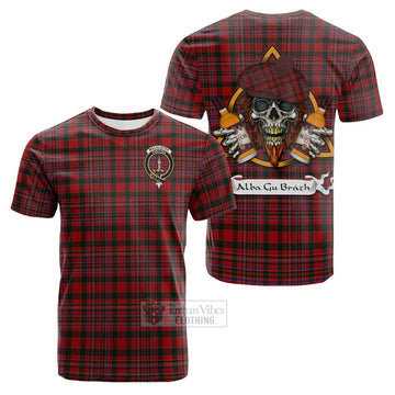 Tartan Vibes Clothing MacAlister (McAlister) Tartan Cotton T-shirt with Family Crest and Bearded Skull Holding Bottles of Whiskey