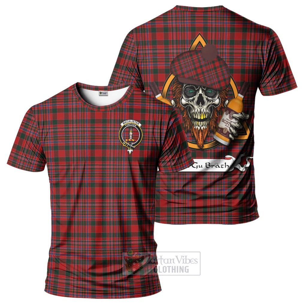 Tartan Vibes Clothing MacAlister (McAlister) Tartan T-Shirt with Family Crest and Bearded Skull Holding Bottles of Whiskey