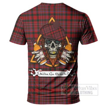 Tartan Vibes Clothing MacAlister (McAlister) Tartan T-Shirt with Family Crest and Bearded Skull Holding Bottles of Whiskey