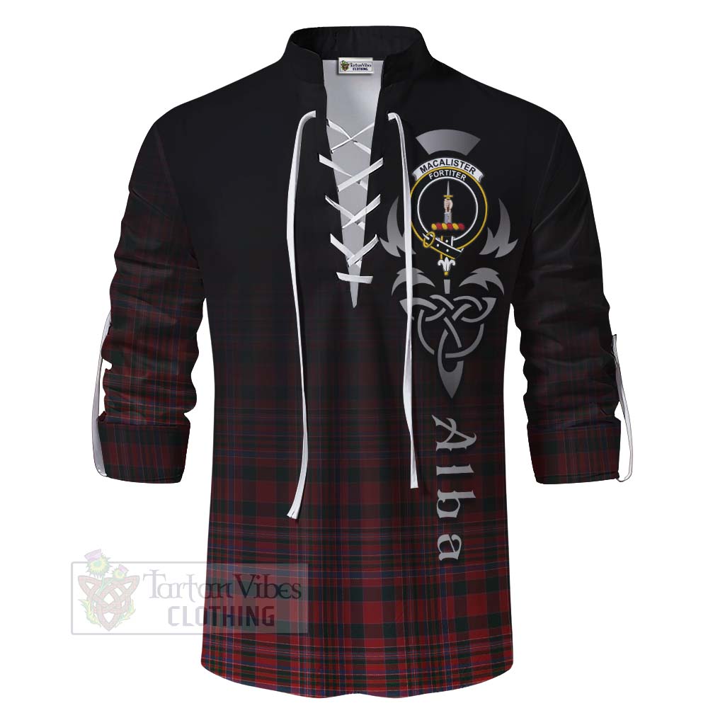 Tartan Vibes Clothing MacAlister (McAlister) Tartan Ghillie Kilt Shirt Featuring Alba Gu Brath Family Crest Celtic Inspired