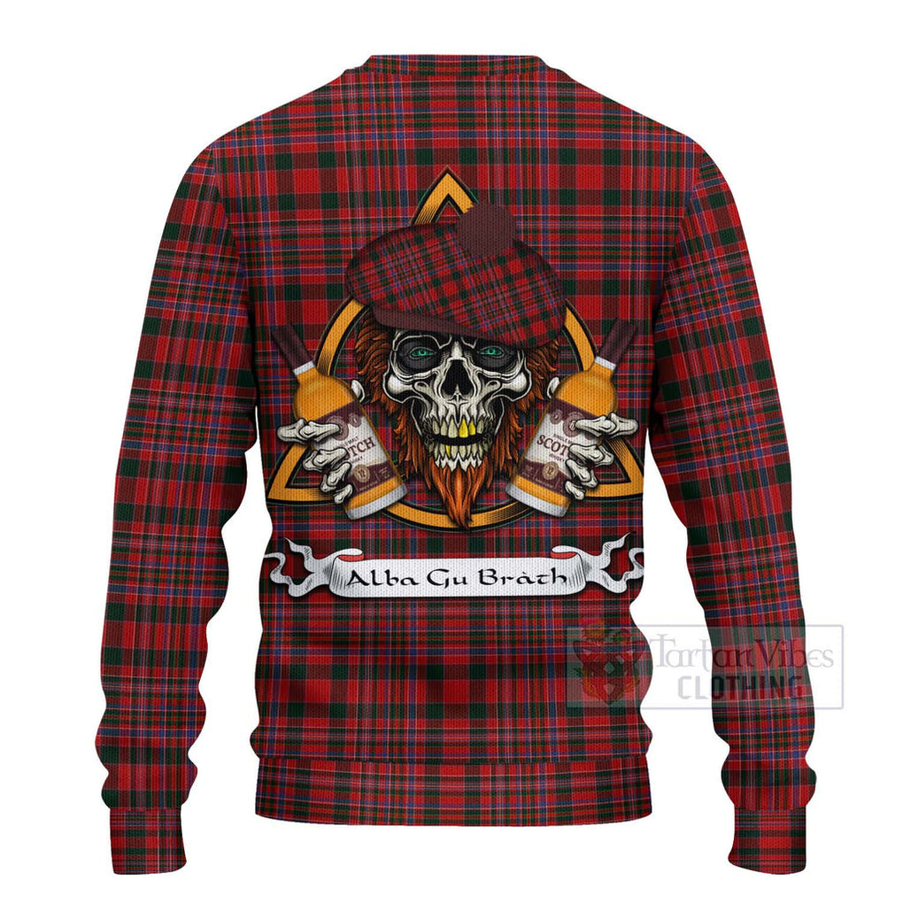 Tartan Vibes Clothing MacAlister (McAlister) Tartan Knitted Sweater with Family Crest and Bearded Skull Holding Bottles of Whiskey