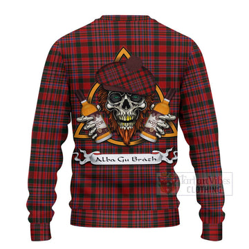 Tartan Vibes Clothing MacAlister (McAlister) Tartan Knitted Sweater with Family Crest and Bearded Skull Holding Bottles of Whiskey