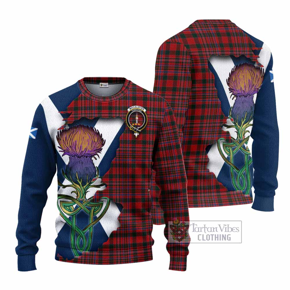 Tartan Vibes Clothing MacAlister (McAlister) Tartan Family Crest Knitted Sweater Scottish Thistle Celtic Inspired