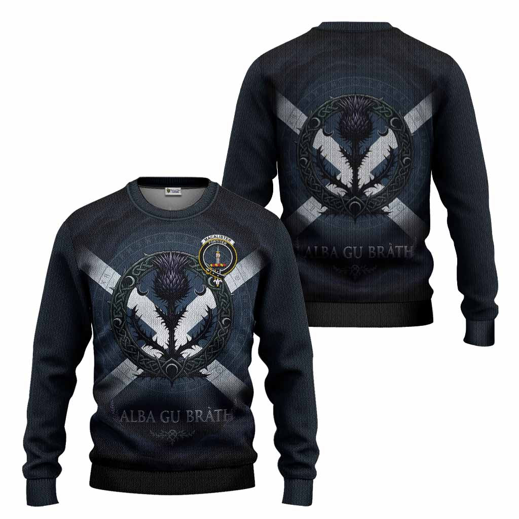 MacAlister (McAlister) Clan Crest Knitted Sweater with Celtic Knot Thistle and Saltire