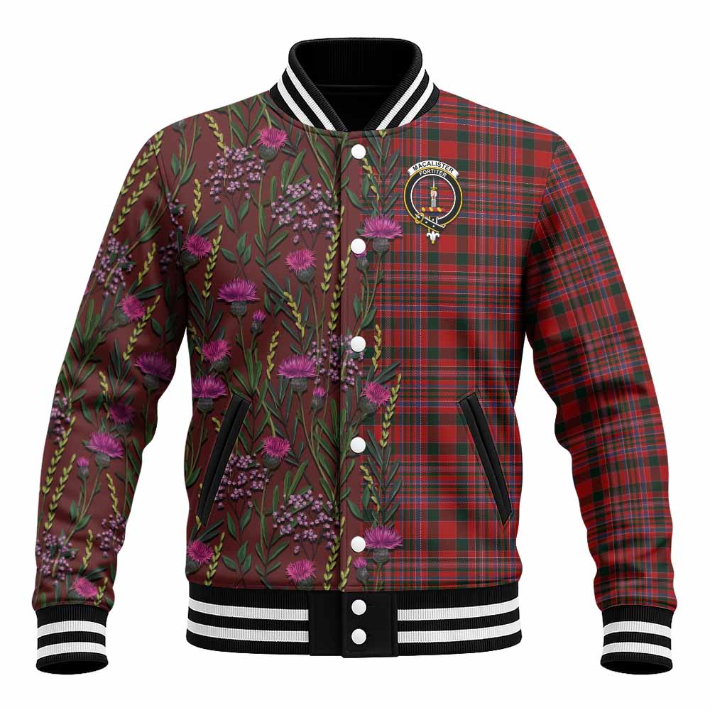MacAlister (McAlister) Family Crest Tartan Baseball Jacket Scottish Thistle Flower Pattern Half Style - Tartan Vibes Clothing