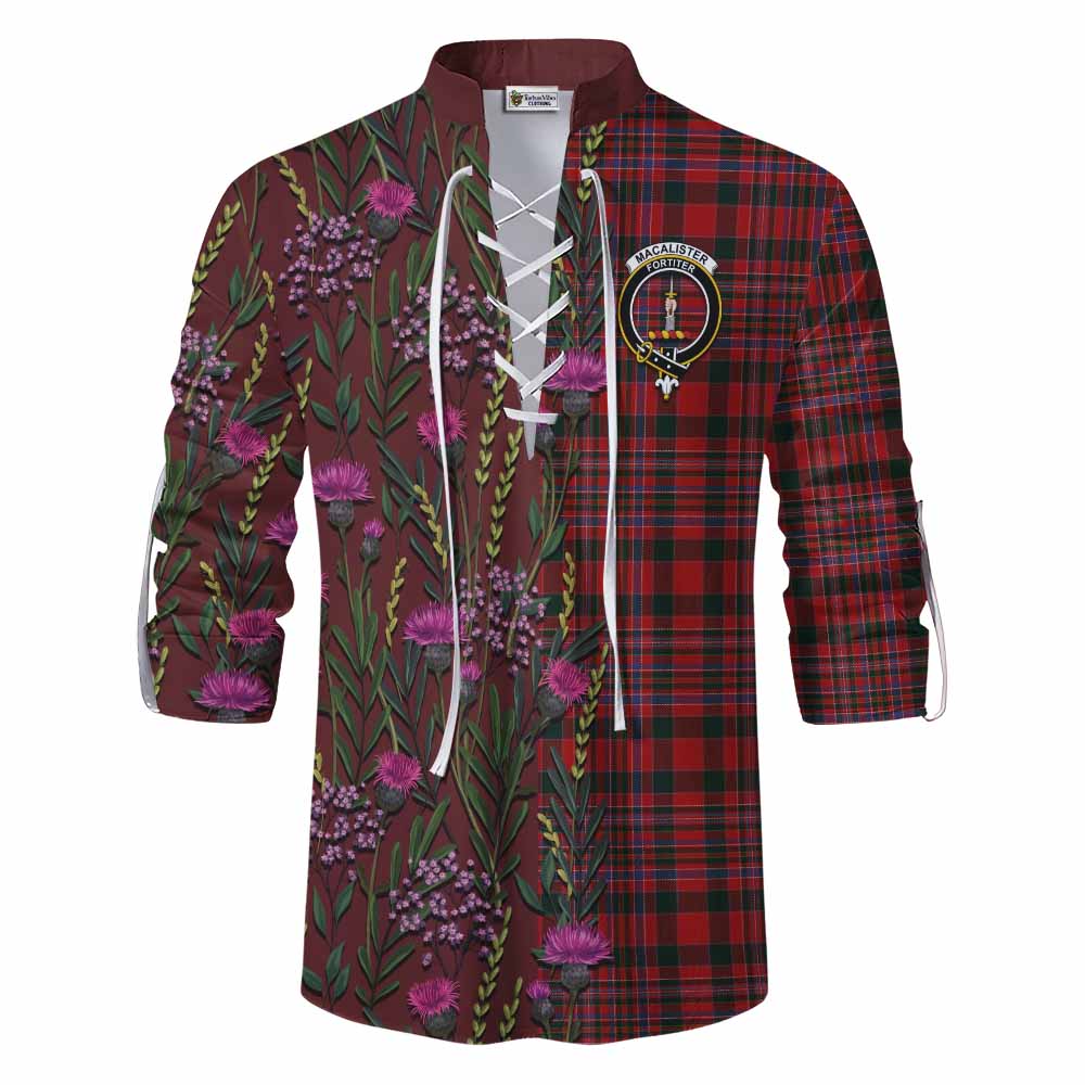 MacAlister (McAlister) Family Crest Tartan Ghillie Shirt Scottish Thistle Flower Pattern Half Style - Tartan Vibes Clothing