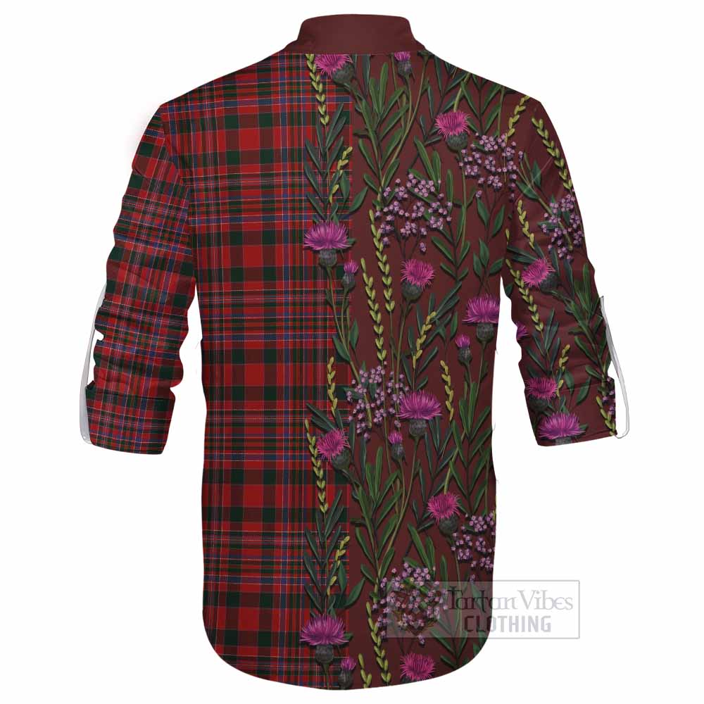 MacAlister (McAlister) Family Crest Tartan Ghillie Shirt Scottish Thistle Flower Pattern Half Style - Tartan Vibes Clothing
