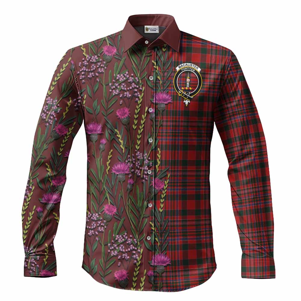 MacAlister (McAlister) Family Crest Tartan Long Sleeve Button Shirts Scottish Thistle Flower Pattern Half Style - Tartan Vibes Clothing