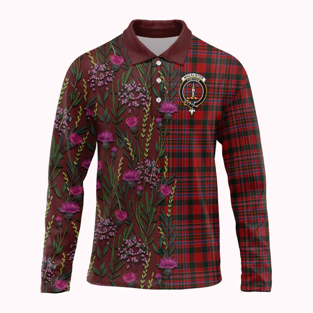 MacAlister (McAlister) Family Crest Tartan Long Sleeve Polo Shirt Scottish Thistle Flower Pattern Half Style - Tartan Vibes Clothing
