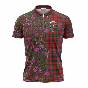 MacAlister (McAlister) Family Crest Tartan Zipper Polo Shirt Scottish Thistle Flower Pattern Half Style
