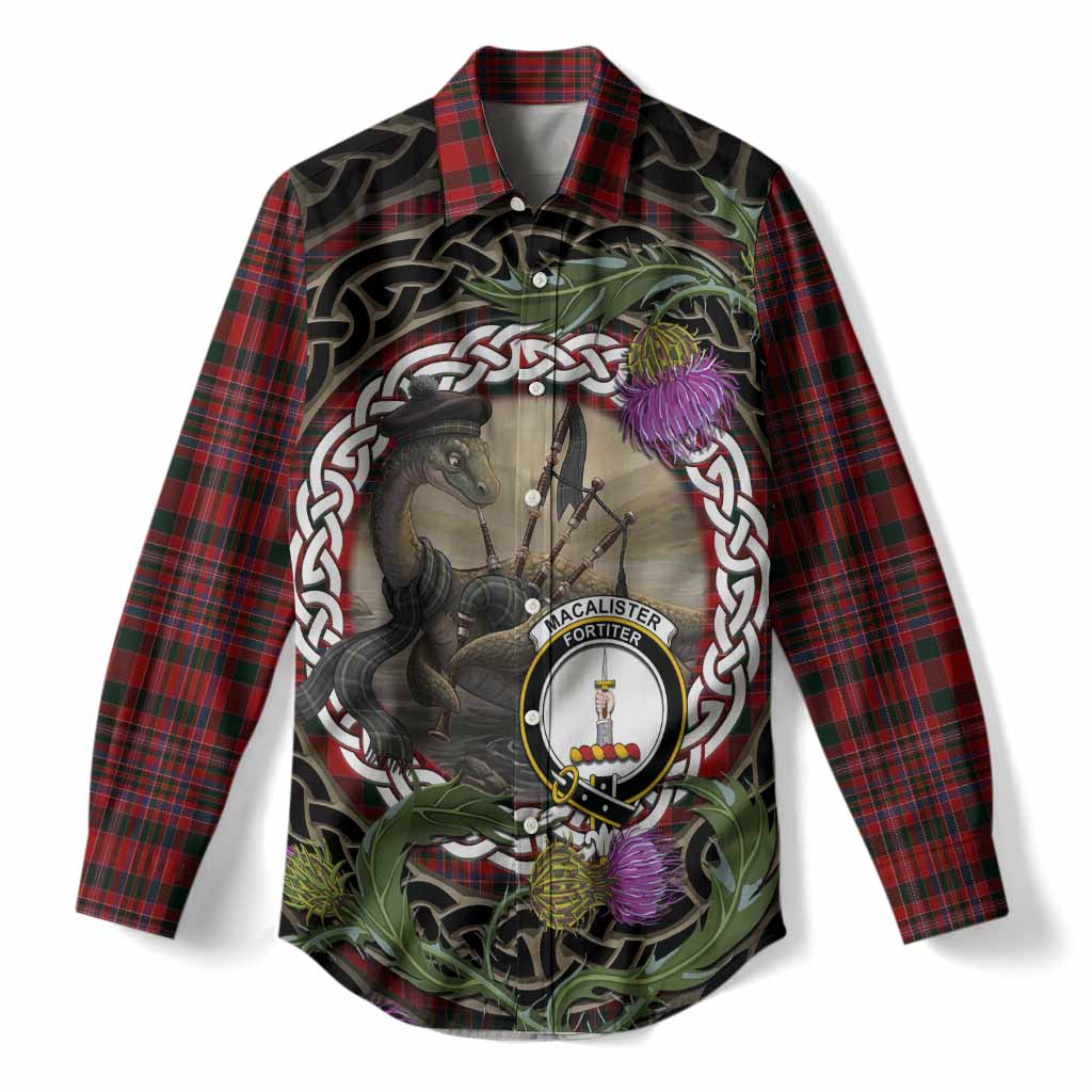 MacAlister (McAlister) Tartan Crest Bagpipe Nessie Women Casual Shirt Scottish Loch Ness Monster Celtic Thistle