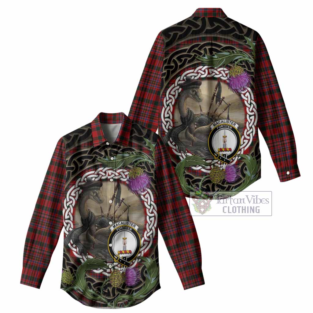 MacAlister (McAlister) Tartan Crest Bagpipe Nessie Women Casual Shirt Scottish Loch Ness Monster Celtic Thistle