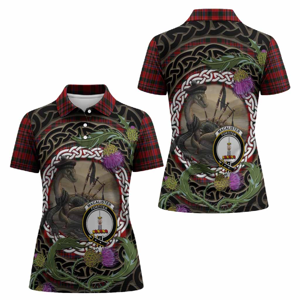 MacAlister (McAlister) Tartan Crest Bagpipe Nessie Women Polo Shirt Scottish Loch Ness Monster Celtic Thistle