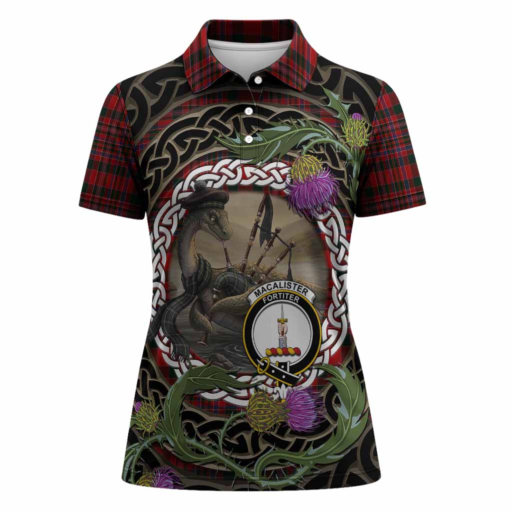 MacAlister (McAlister) Tartan Crest Bagpipe Nessie Women Polo Shirt Scottish Loch Ness Monster Celtic Thistle