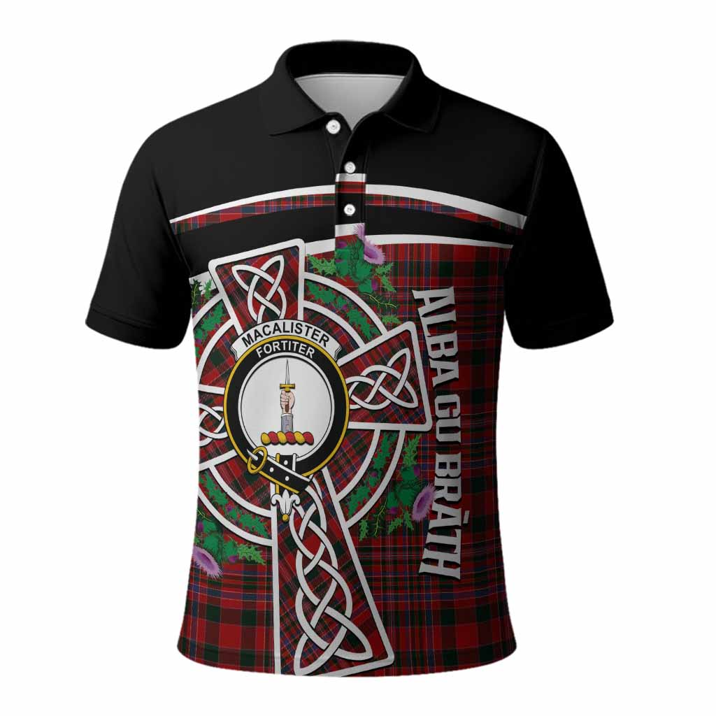 MacAlister (McAlister) Tartan Crest Polo Shirt Scottish Thistle Celtic Cross Alba Gu Brath