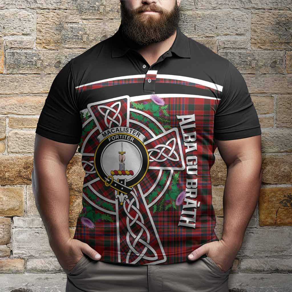 MacAlister (McAlister) Tartan Crest Polo Shirt Scottish Thistle Celtic Cross Alba Gu Brath
