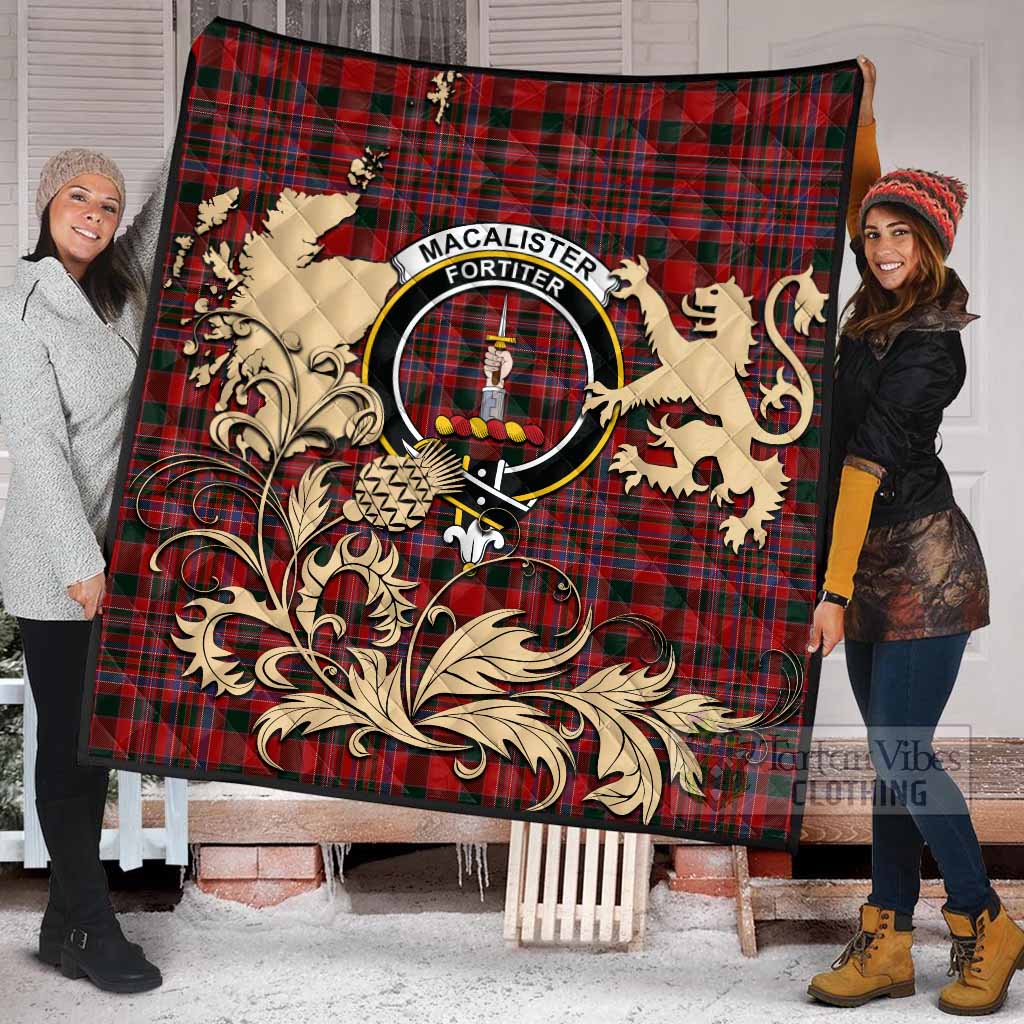 MacAlister (McAlister) Tartan Crest Premium Quilt with Scottish Iconic Symbols 
