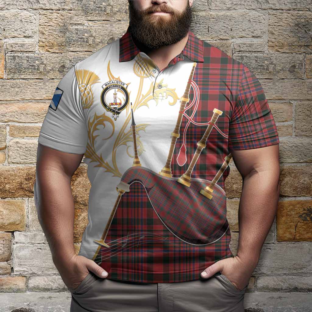 MacAlister (McAlister) Tartan Family Crest Polo Shirt Bagpipes with Scottish Thistle