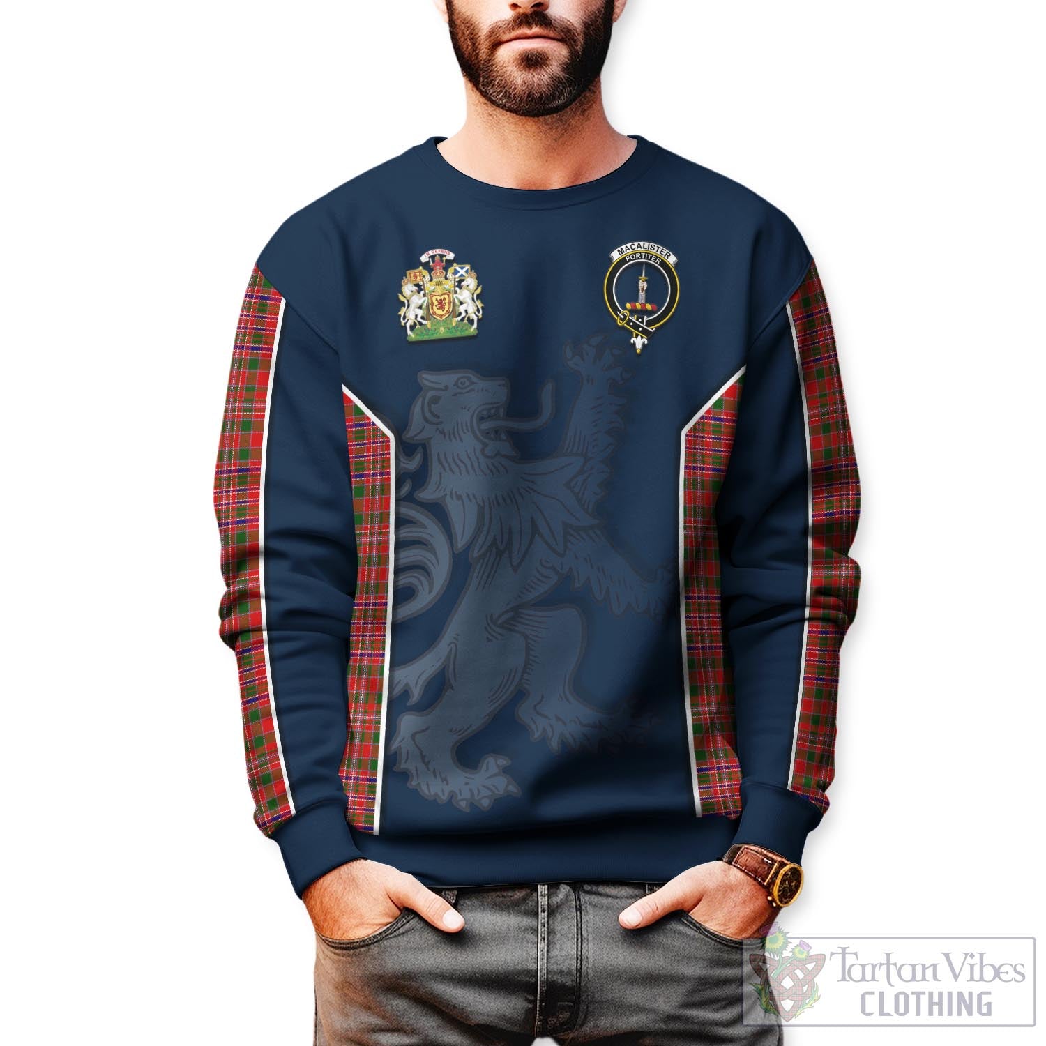 Tartan Vibes Clothing MacAlister Modern Tartan Sweater with Family Crest and Lion Rampant Vibes Sport Style