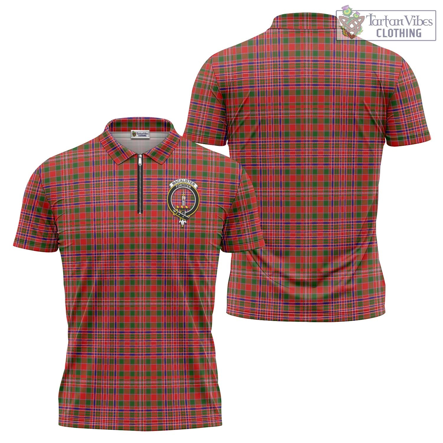 Tartan Vibes Clothing MacAlister Modern Tartan Zipper Polo Shirt with Family Crest