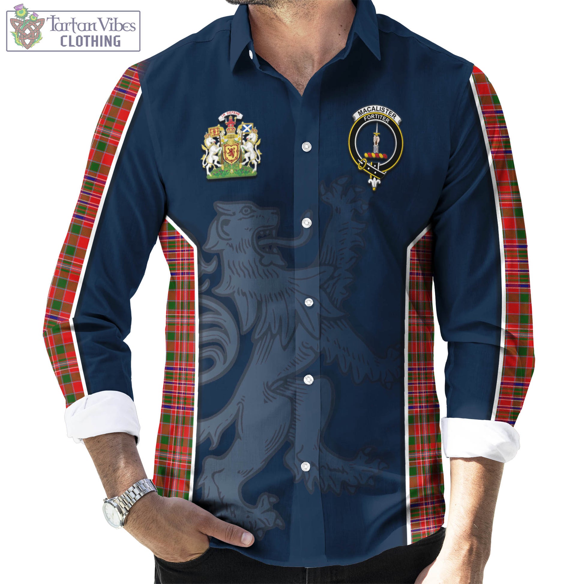 Tartan Vibes Clothing MacAlister Modern Tartan Long Sleeve Button Up Shirt with Family Crest and Lion Rampant Vibes Sport Style