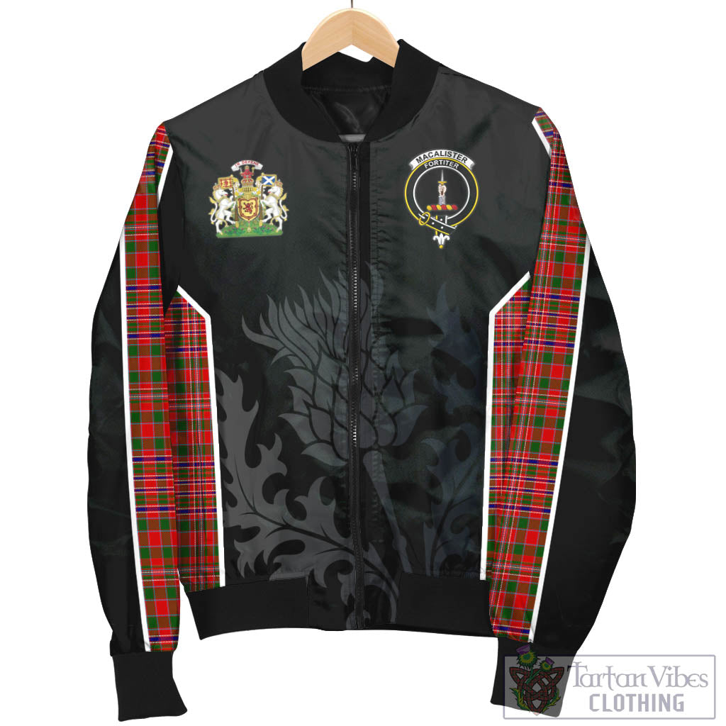 Tartan Vibes Clothing MacAlister Modern Tartan Bomber Jacket with Family Crest and Scottish Thistle Vibes Sport Style