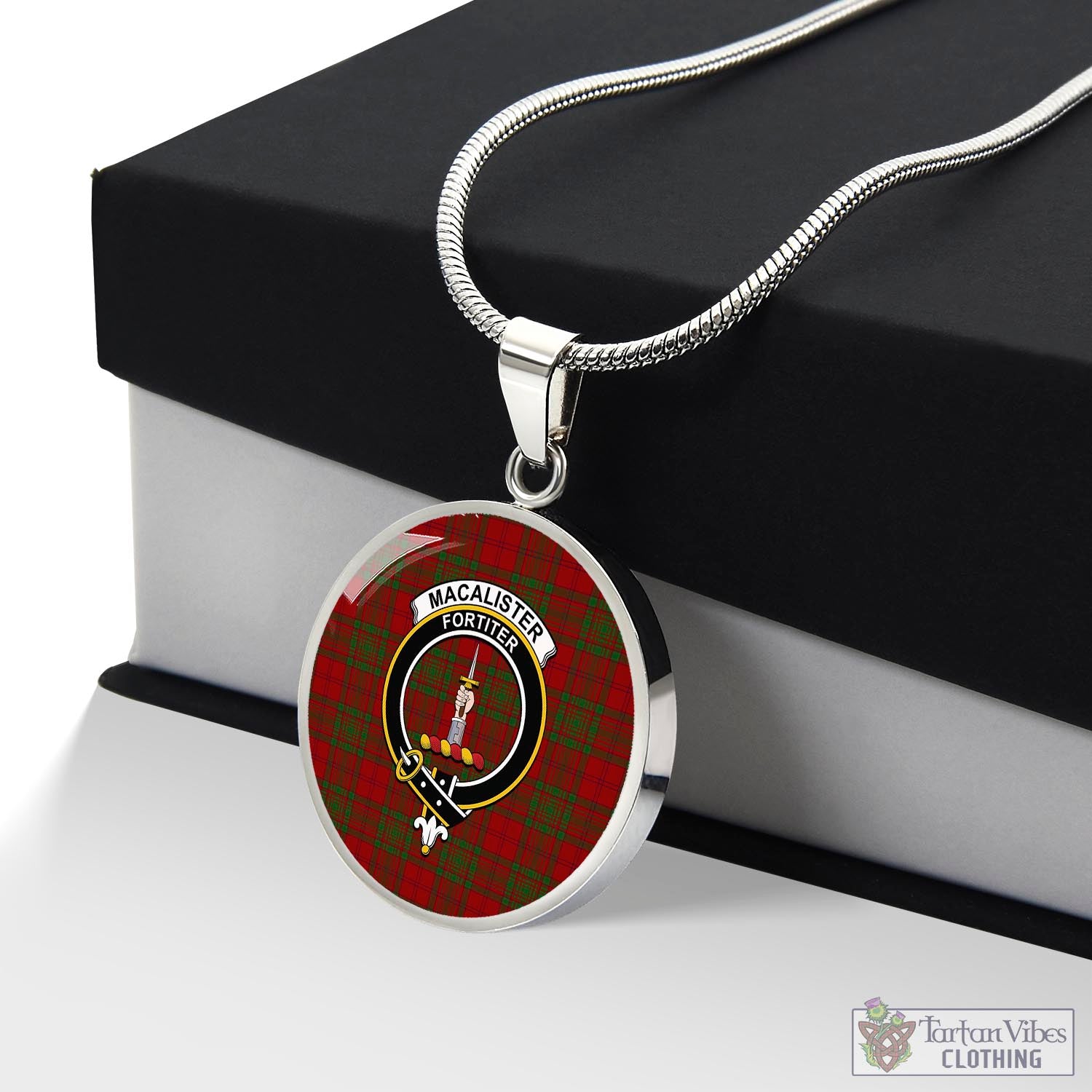 Tartan Vibes Clothing MacAlister of Glenbarr Tartan Circle Necklace with Family Crest