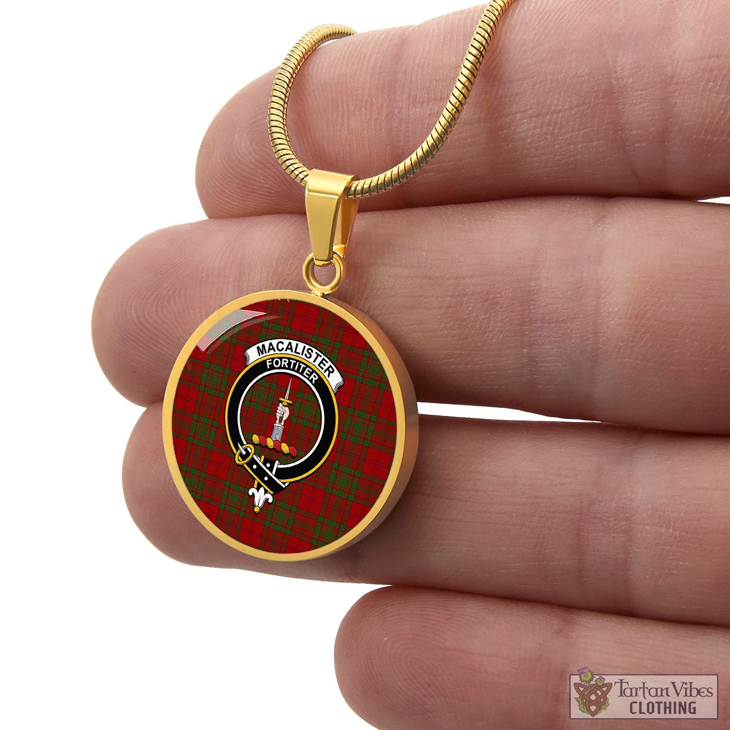 Tartan Vibes Clothing MacAlister of Glenbarr Tartan Circle Necklace with Family Crest