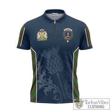 MacAlister of Glenbarr Hunting Tartan Zipper Polo Shirt with Family Crest and Scottish Thistle Vibes Sport Style