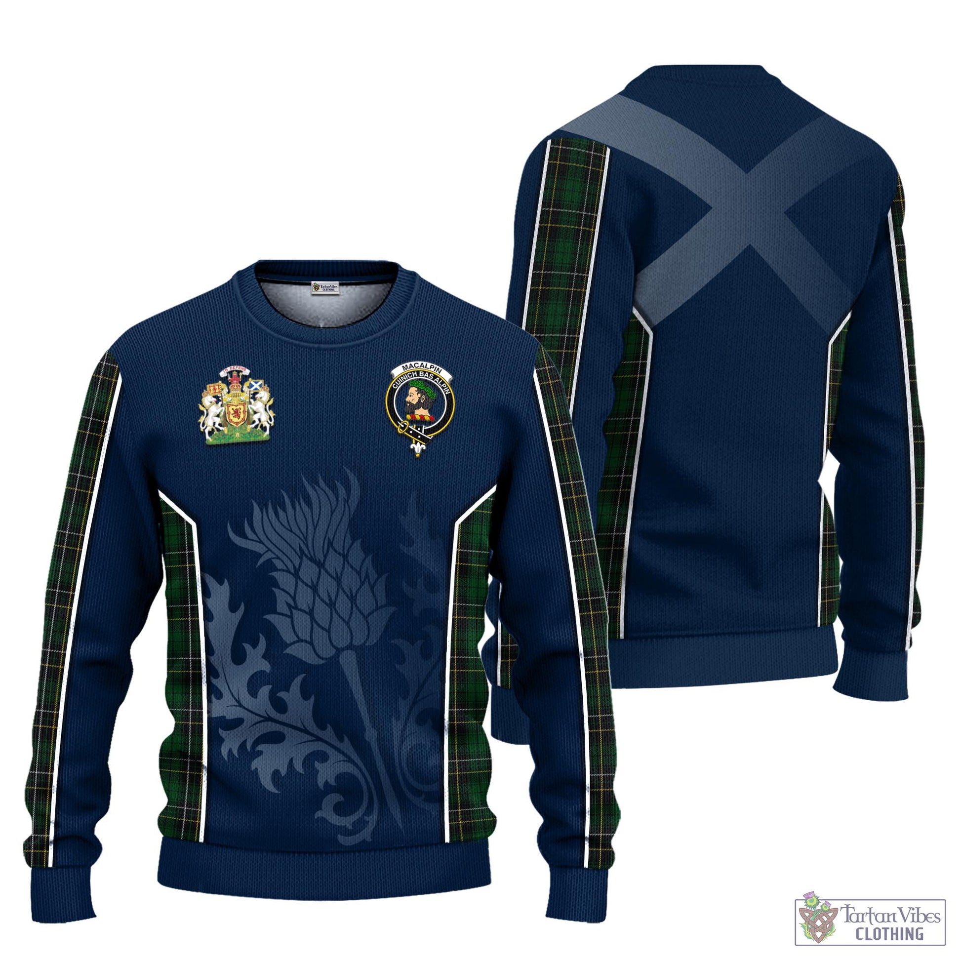 Tartan Vibes Clothing MacAlpin Tartan Knitted Sweatshirt with Family Crest and Scottish Thistle Vibes Sport Style