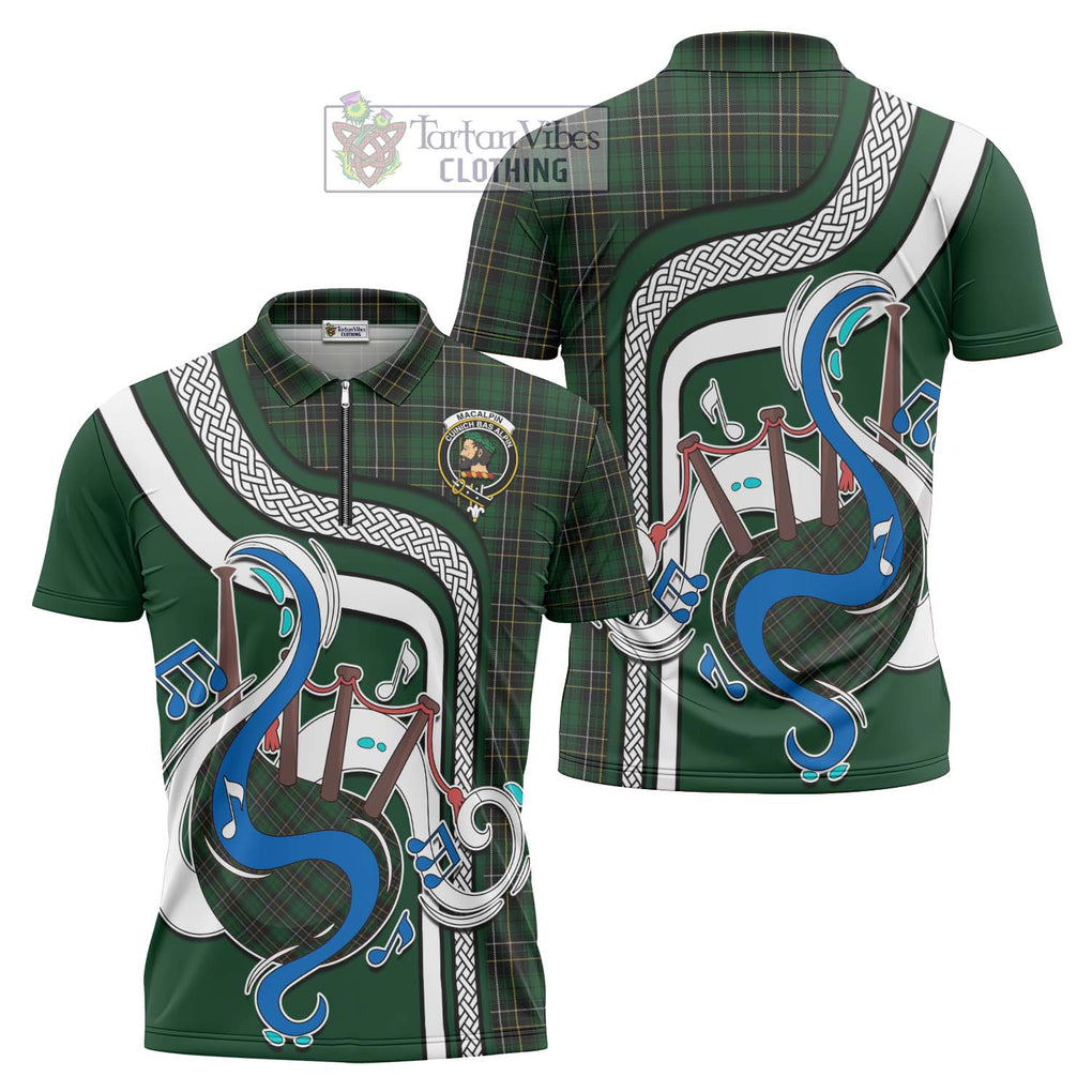 MacAlpine (MacAlpin) Tartan Zipper Polo Shirt with Epic Bagpipe Style Unisex - Tartanvibesclothing Shop