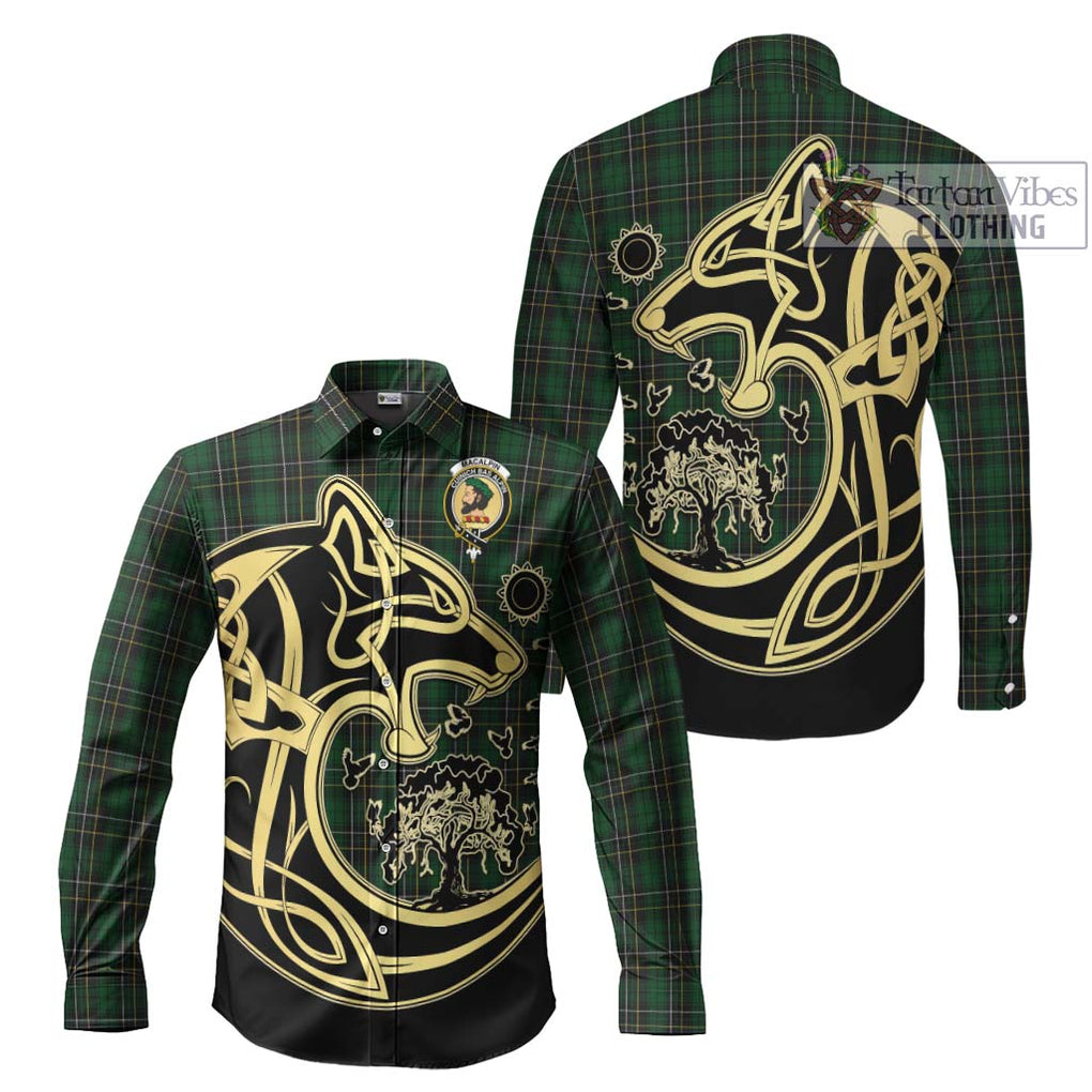 MacAlpine (MacAlpin) Tartan Long Sleeve Button Shirt with Family Crest Celtic Wolf Style Men's Shirt S - Tartan Vibes Clothing