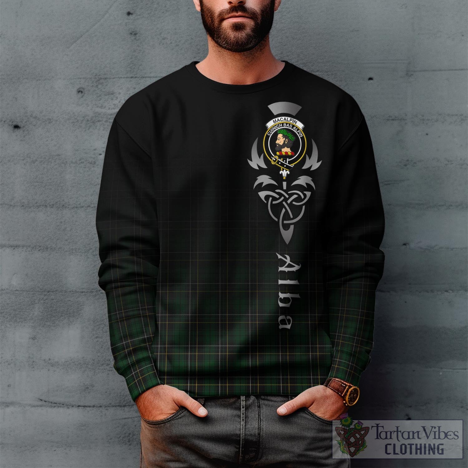 Tartan Vibes Clothing MacAlpin Tartan Sweatshirt Featuring Alba Gu Brath Family Crest Celtic Inspired