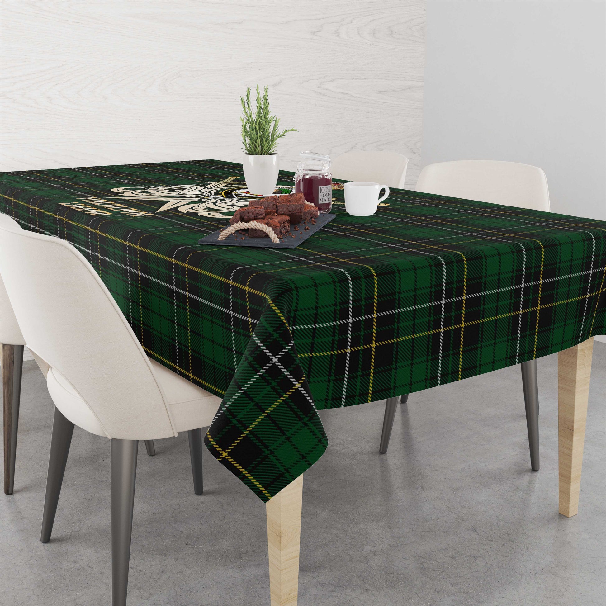 Tartan Vibes Clothing MacAlpin Tartan Tablecloth with Clan Crest and the Golden Sword of Courageous Legacy
