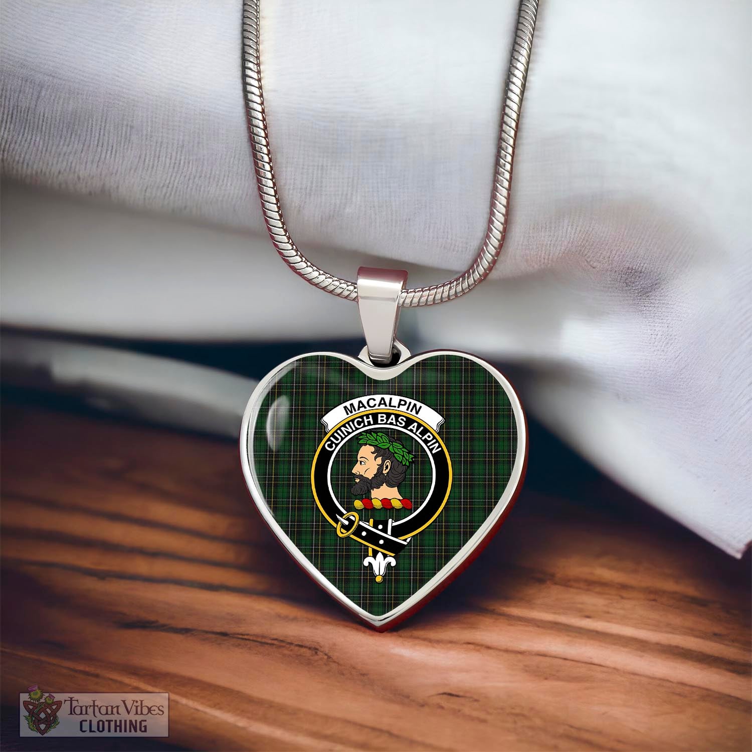 Tartan Vibes Clothing MacAlpin Tartan Heart Necklace with Family Crest