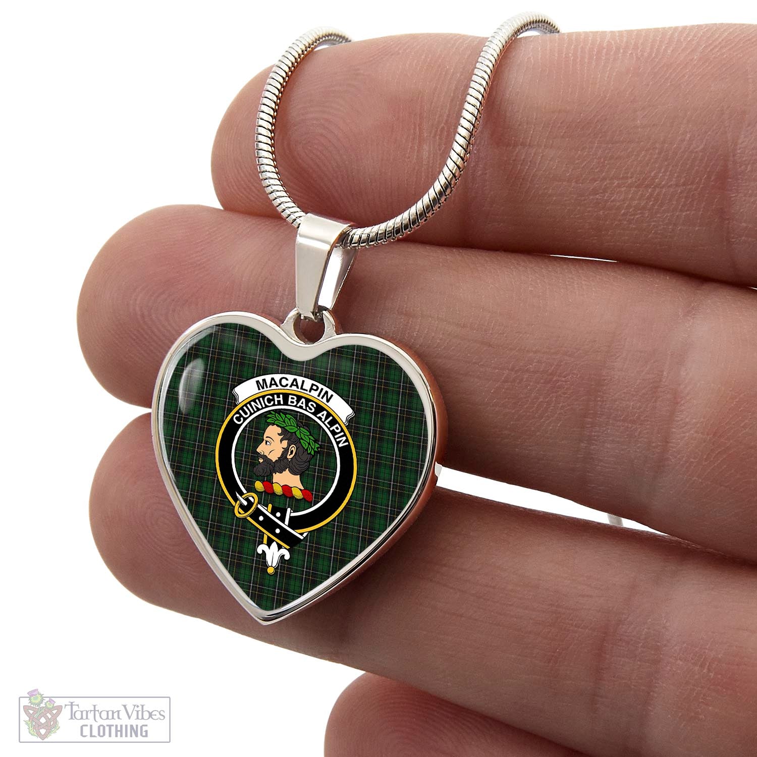 Tartan Vibes Clothing MacAlpin Tartan Heart Necklace with Family Crest