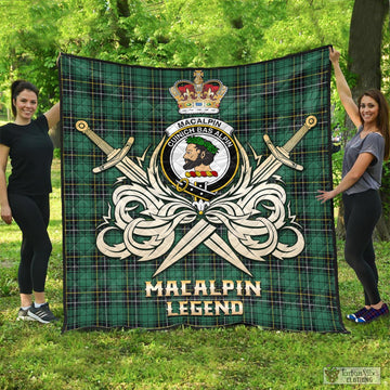 MacAlpin Ancient Tartan Quilt with Clan Crest and the Golden Sword of Courageous Legacy