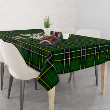 MacAlpin Modern Tartan Tablecloth with Clan Crest and the Golden Sword of Courageous Legacy