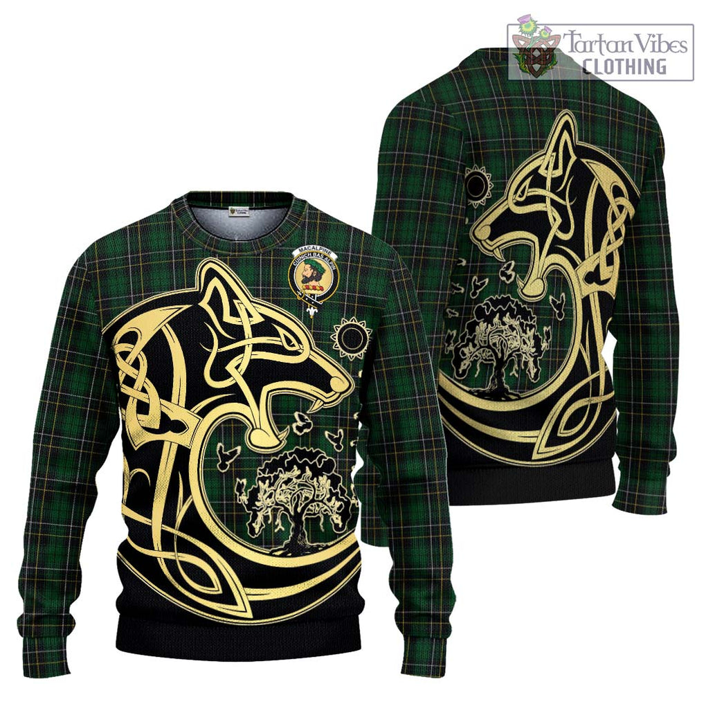 MacAlpine Tartan Knitted Sweater with Family Crest Celtic Wolf Style Unisex - Tartan Vibes Clothing