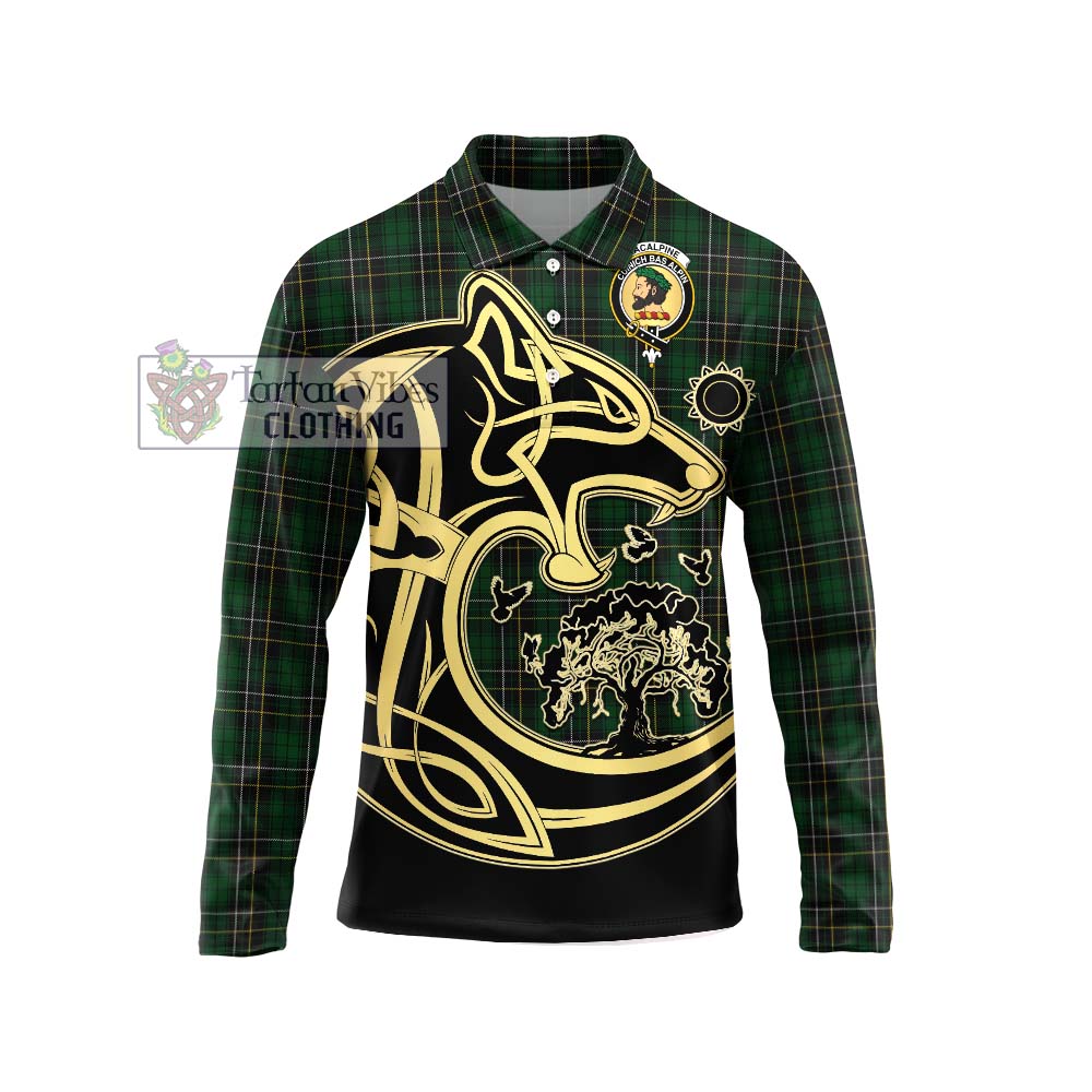 MacAlpine Tartan Long Sleeve Polo Shirt with Family Crest Celtic Wolf Style Unisex - Tartanvibesclothing Shop