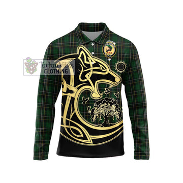 MacAlpine Tartan Long Sleeve Polo Shirt with Family Crest Celtic Wolf Style Unisex - Tartanvibesclothing Shop