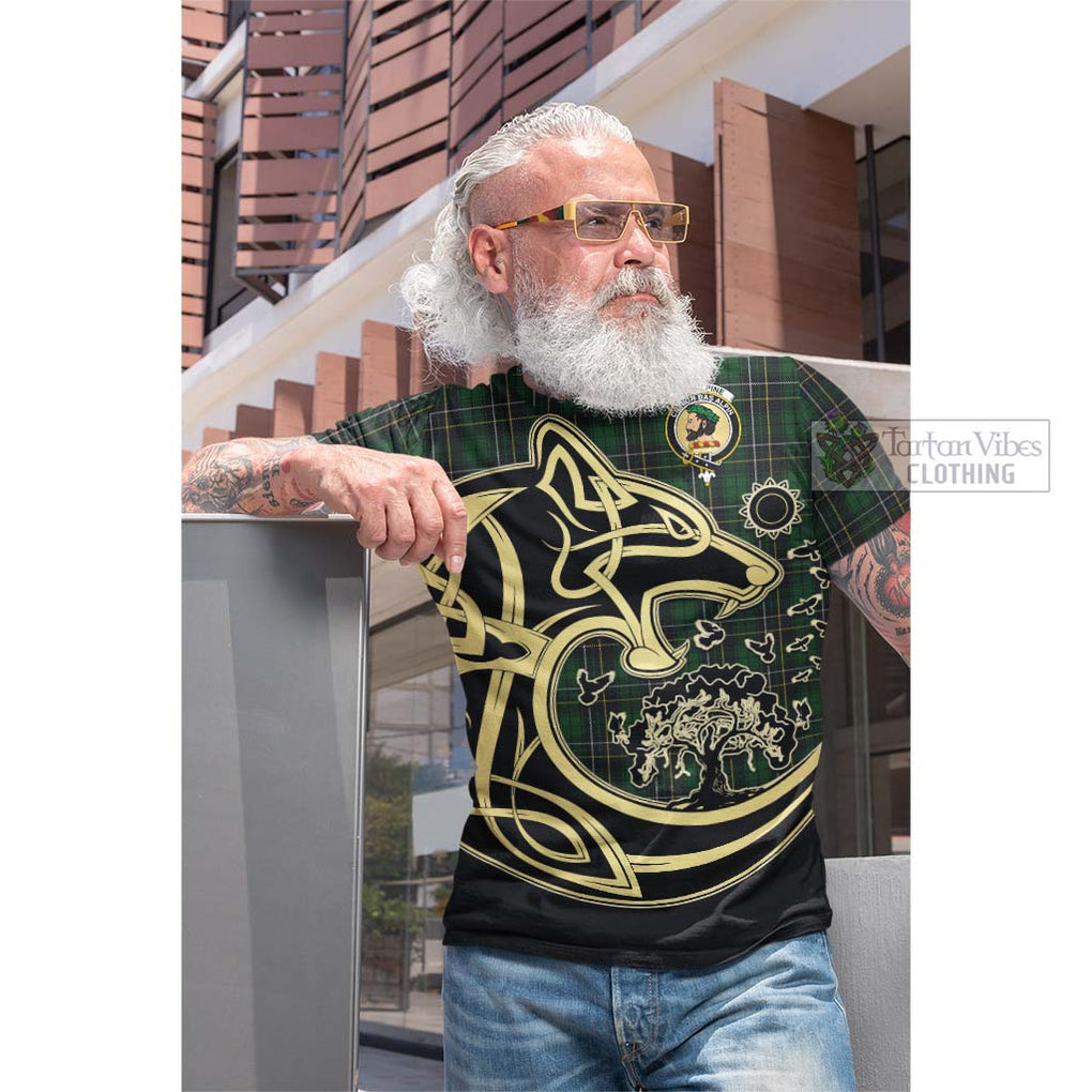 Tartan Vibes Clothing MacAlpine Tartan Cotton T-shirt with Family Crest Celtic Wolf Style