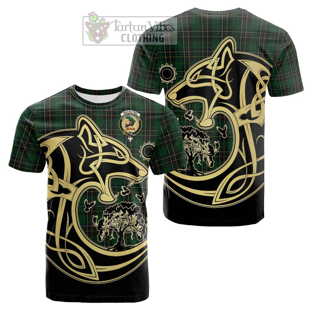 Tartan Vibes Clothing MacAlpine Tartan Cotton T-shirt with Family Crest Celtic Wolf Style