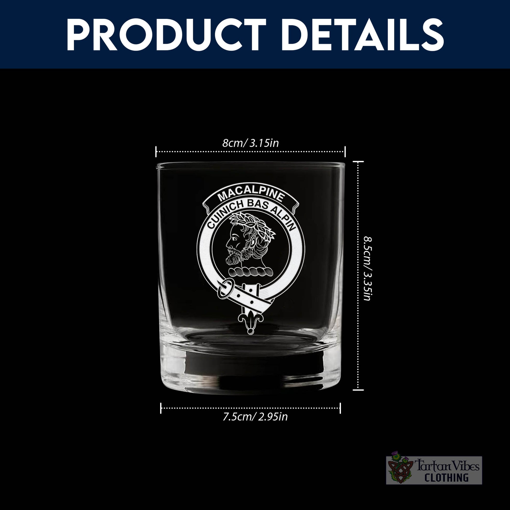 Tartan Vibes Clothing MacAlpine Family Crest Engraved Whiskey Glass with Handle