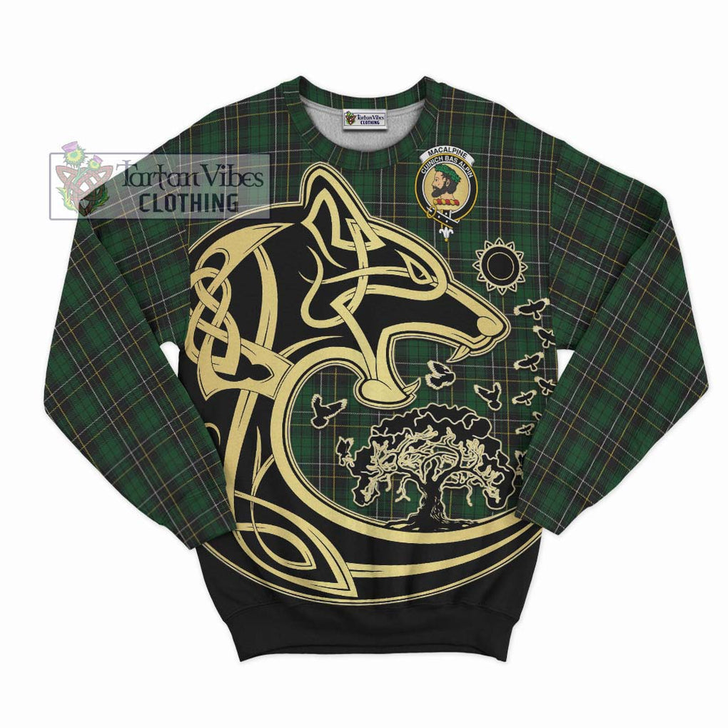 MacAlpine Tartan Sweatshirt with Family Crest Celtic Wolf Style - Tartan Vibes Clothing